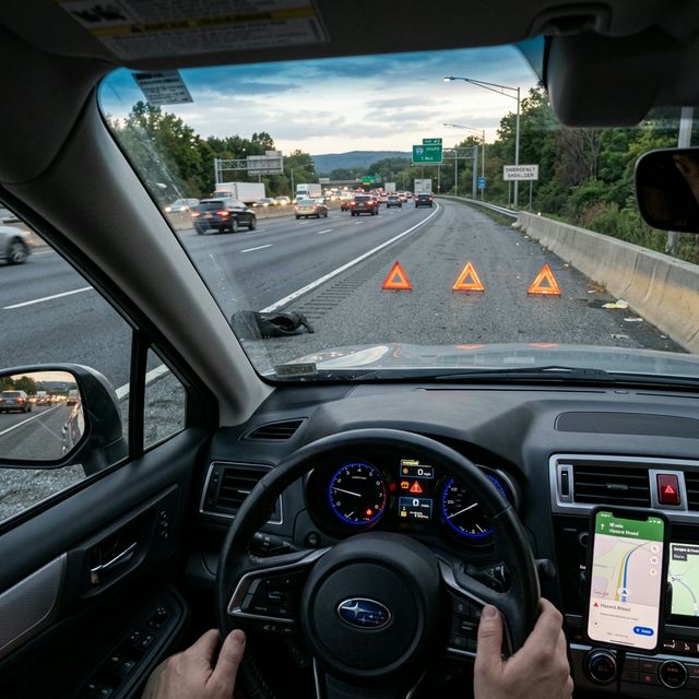 Driver pulled over safely on highway shoulder after tire blowout emergency